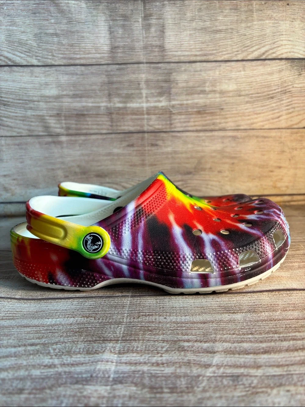 CROCS Kids Rainbow Tie-Dye Clogs with White Strap